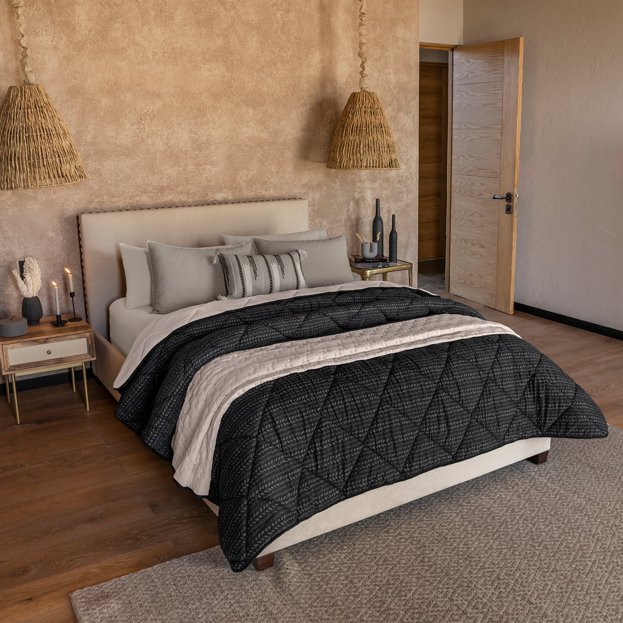 VIANNEY Juego De Edredón Estampado Con Segunda Vista Tipo Lino Con Fundas, Cojín Y Cubrecama Tecali