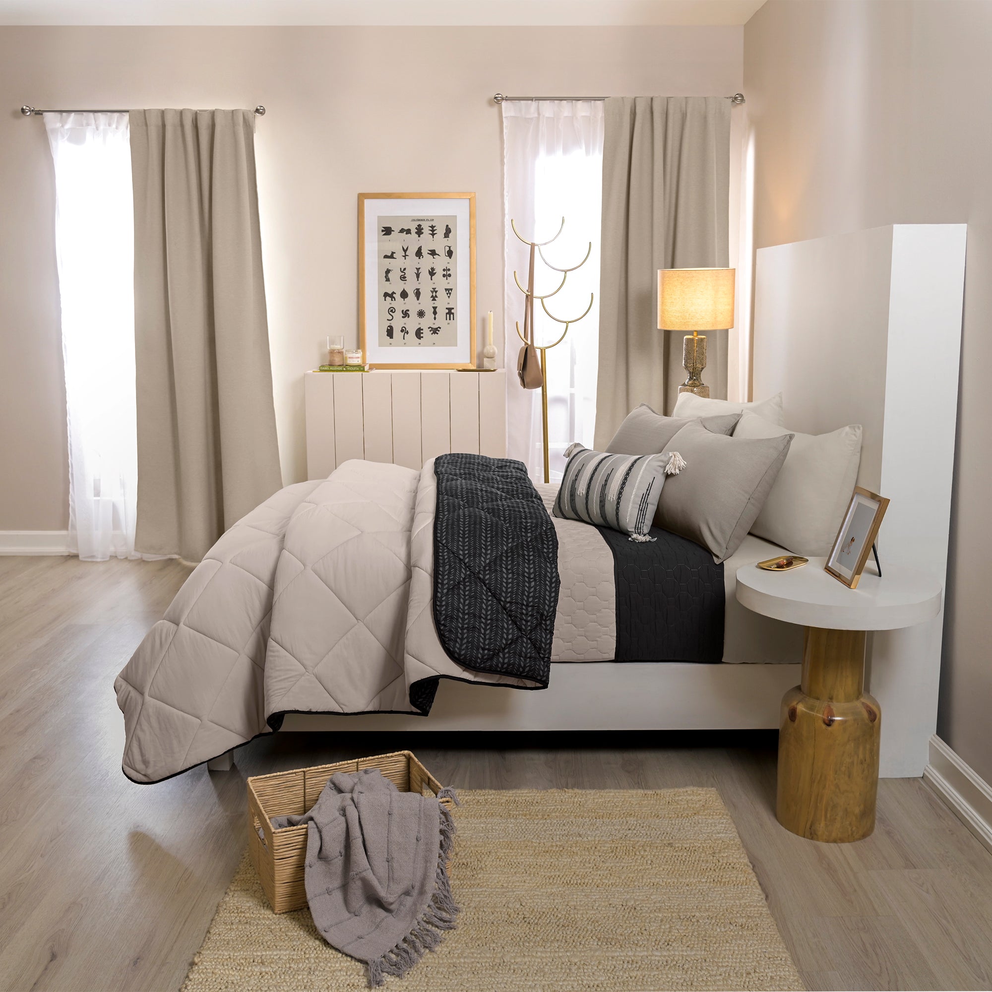 VIANNEY Juego De Edredón Estampado Con Segunda Vista Tipo Lino Con Fundas, Cojín Y Cubrecama Tecali