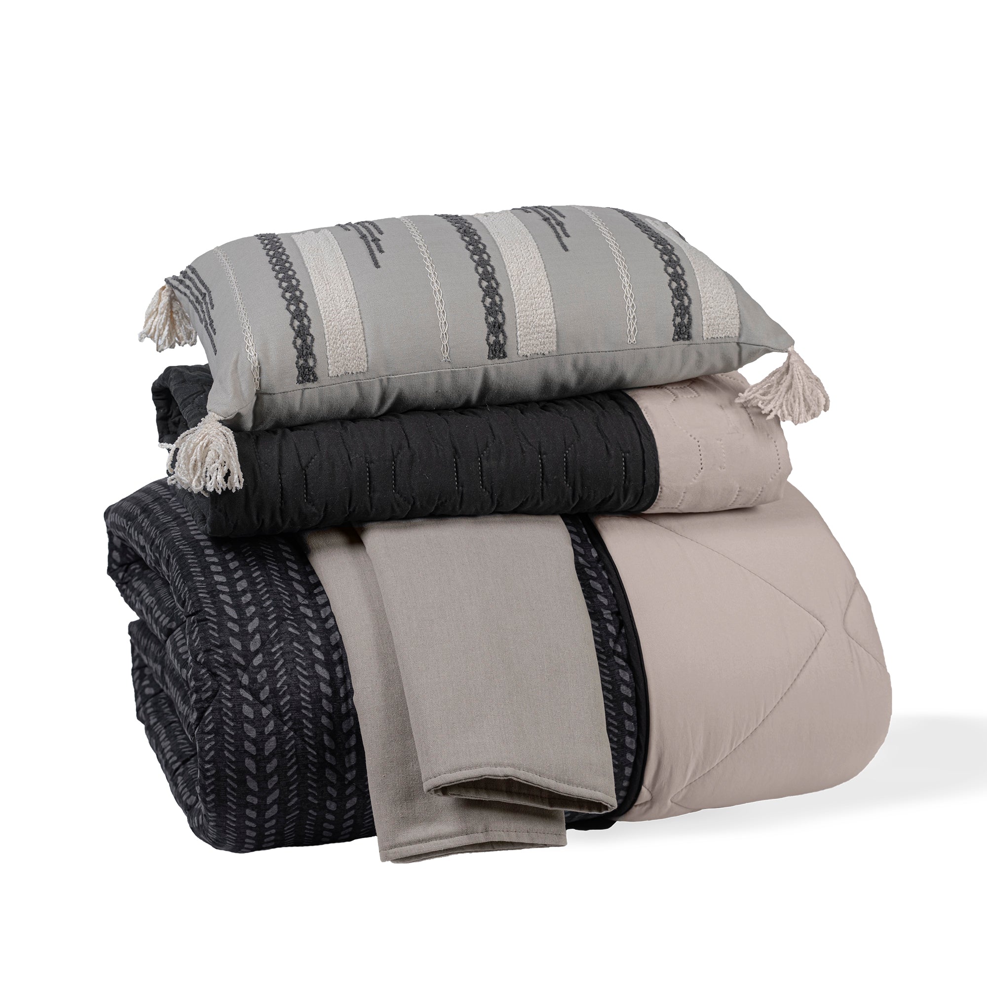 VIANNEY Juego De Edredón Estampado Con Segunda Vista Tipo Lino Con Fundas, Cojín Y Cubrecama Tecali