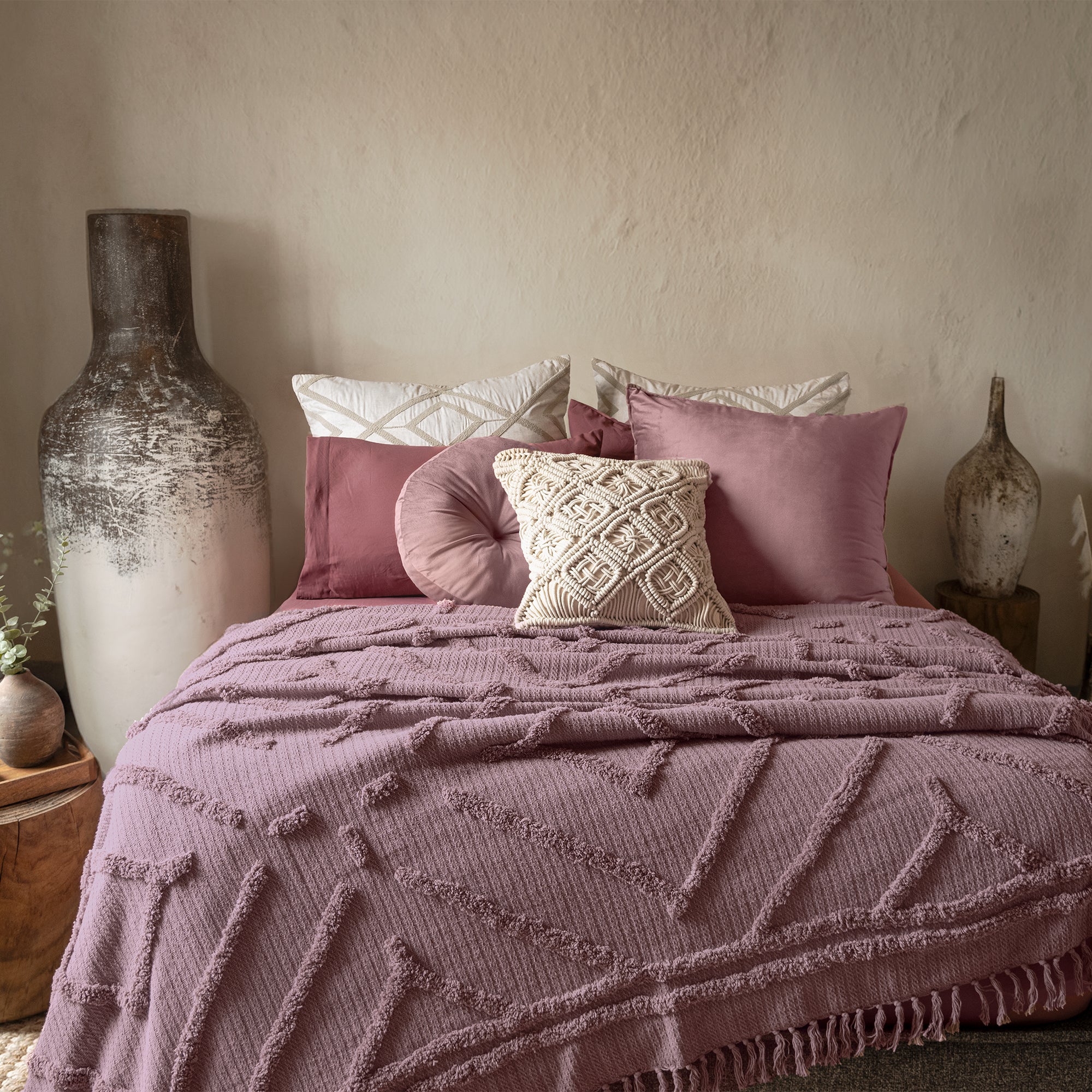 VIANNEY Edredón Premium Ultradelgado 100% Algodón Bordado Y Con Flecos Voga Lila