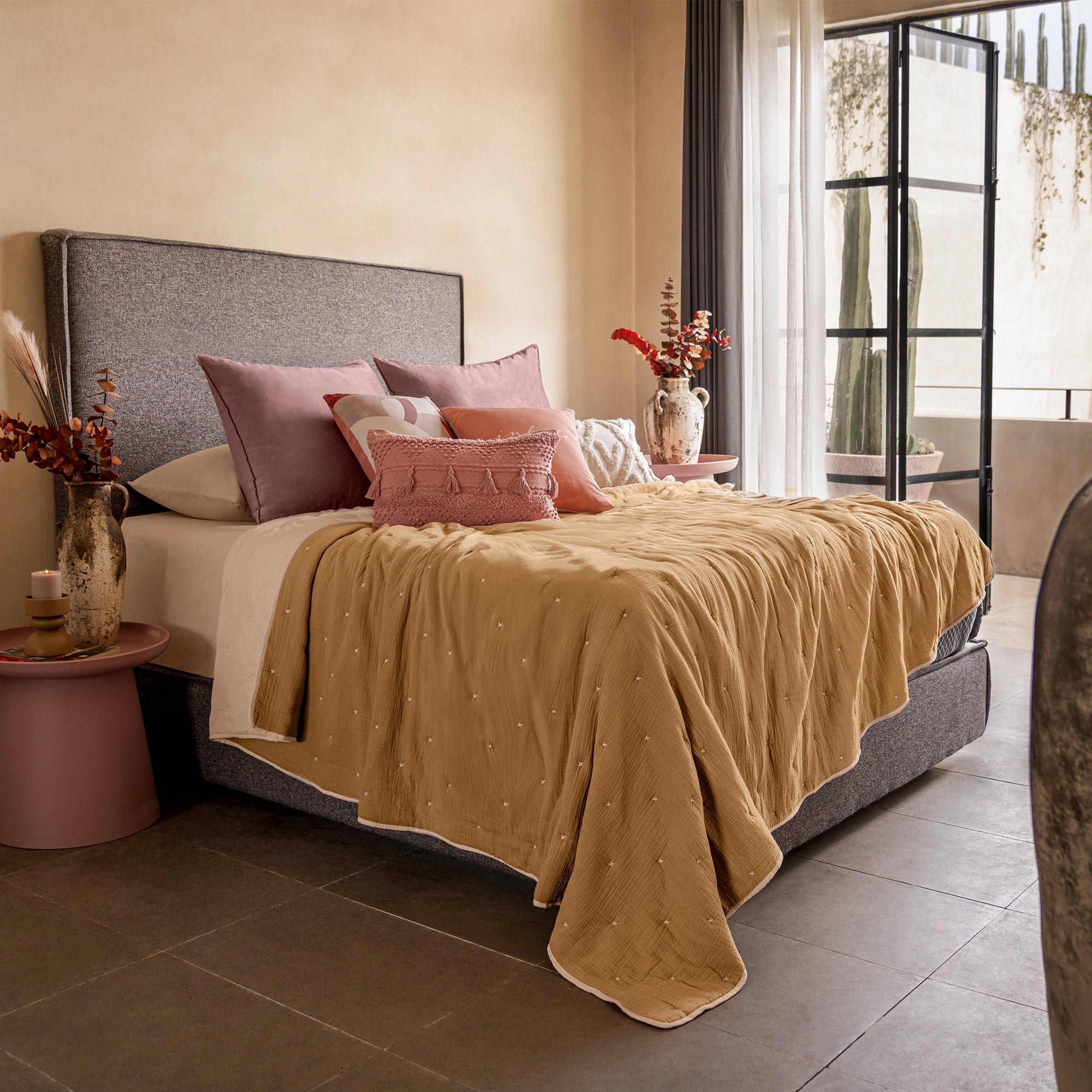 VIANNEY Edredón Premium Con Textura De Muselina 100% Algodón Ultradelgado Voga Camel