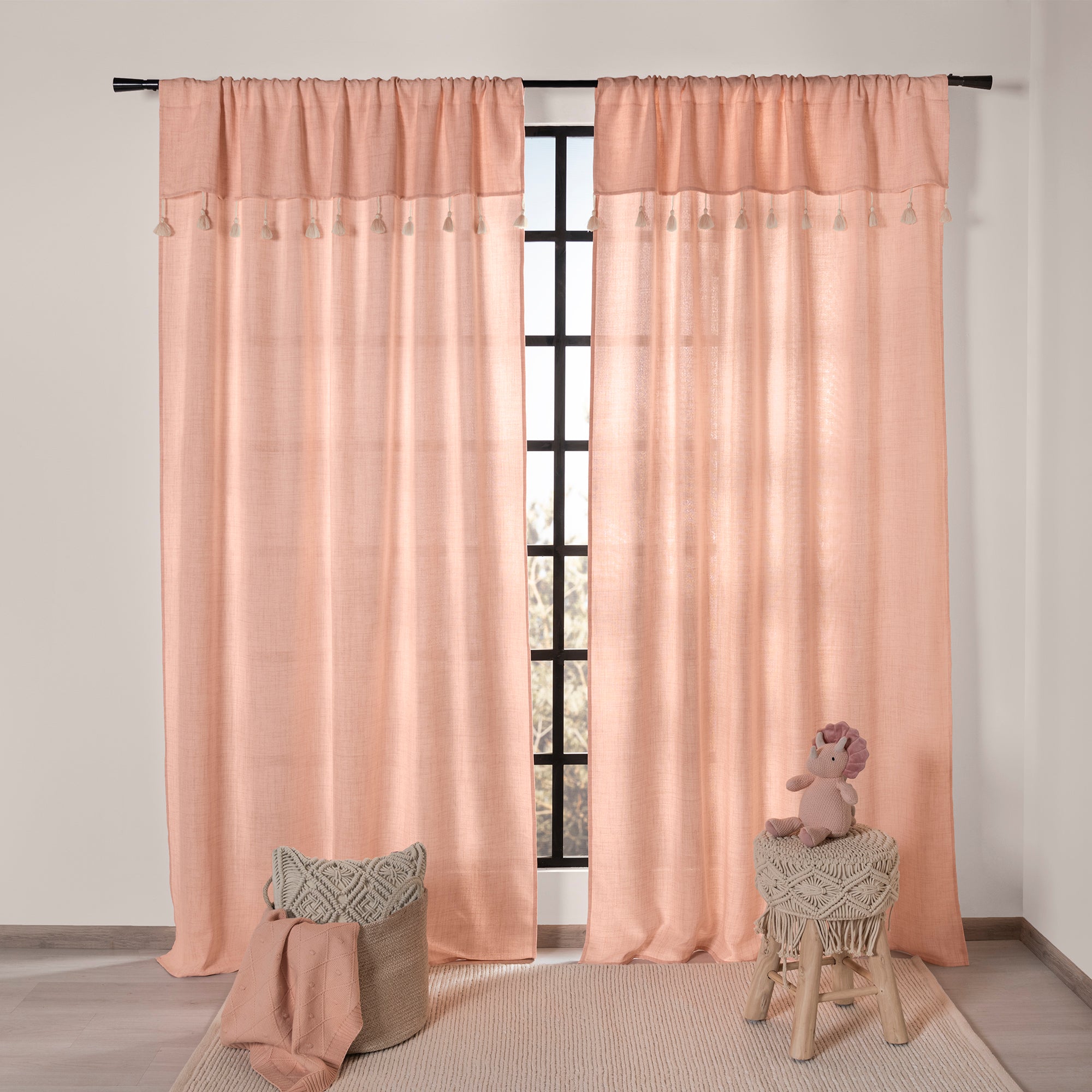 VIANNEY Set De Cortinas De Tela Tipo Lino Y Flecos Creta Rosa