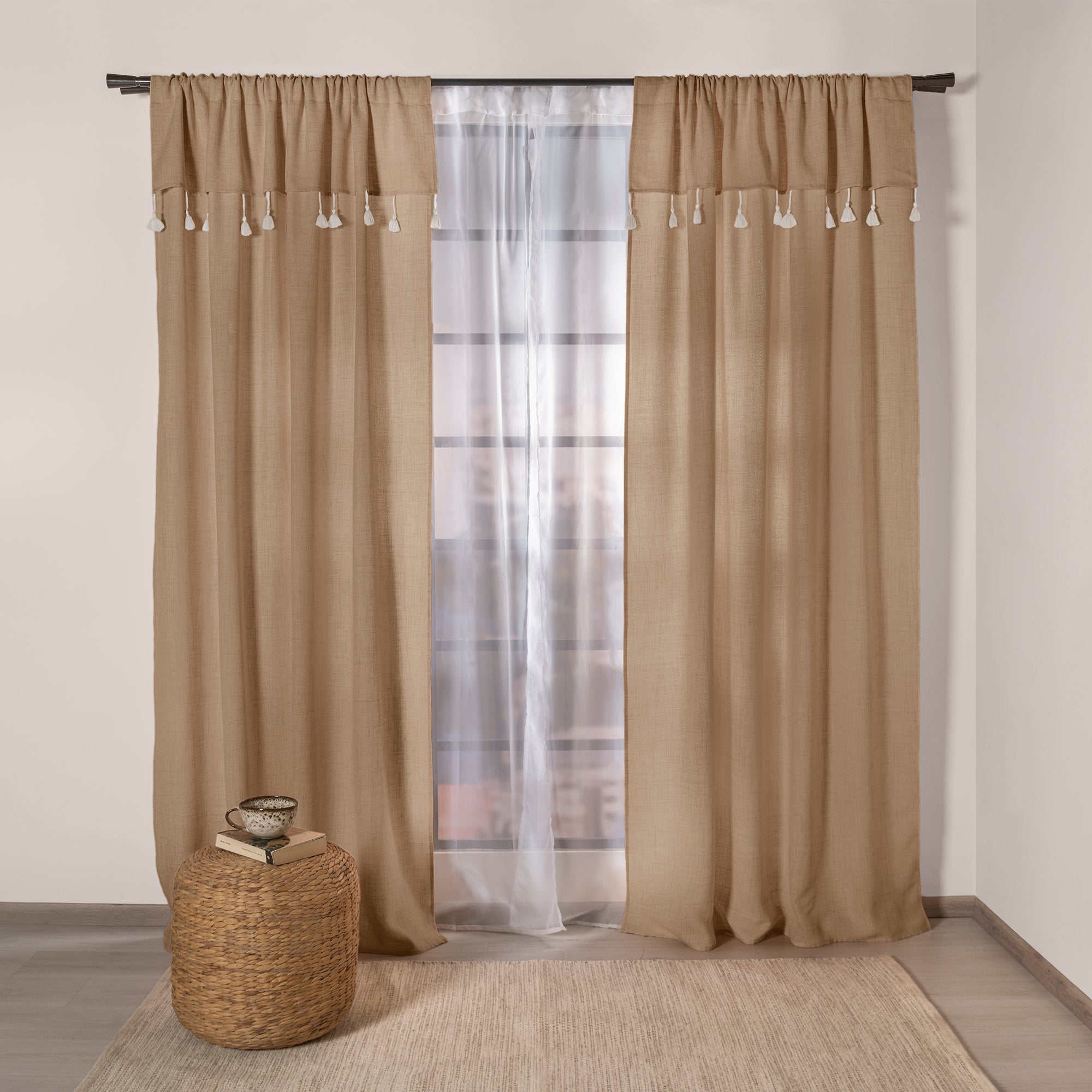 VIANNEY Set De Cortinas De Tela Tipo Lino Y Flecos Latte